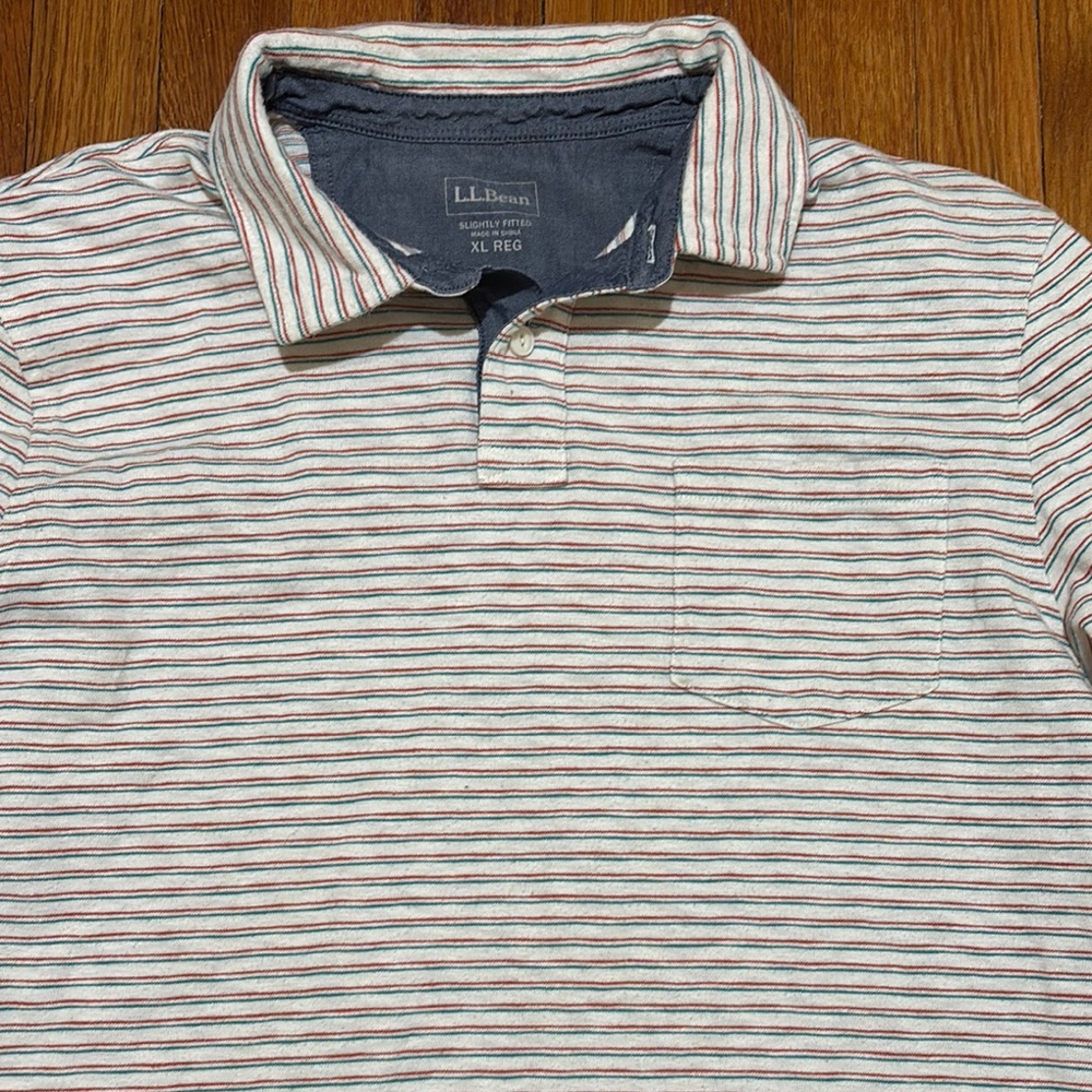 L.L. Bean Men's Striped long 100% cotton sleeve polo - cream, red and Blue